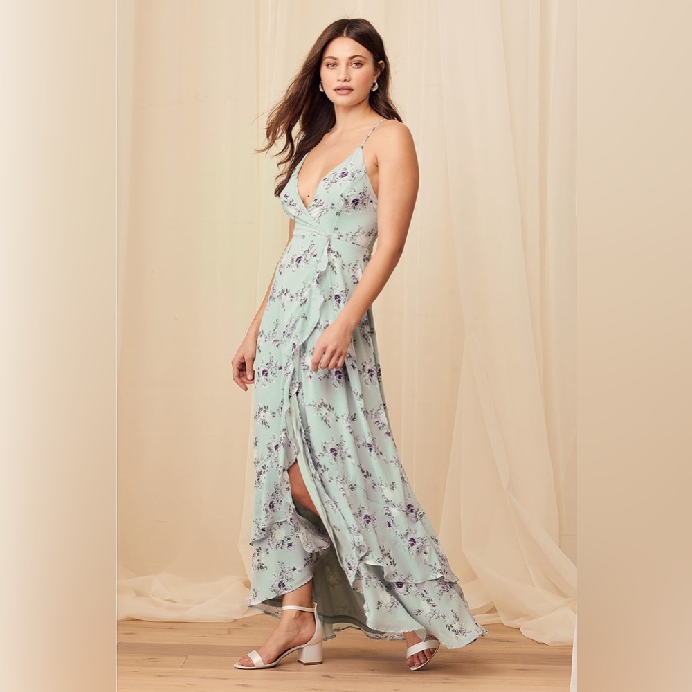 Lulu’s In Love Forever Sage Green Floral Lace-Up High-Low Maxi Dress